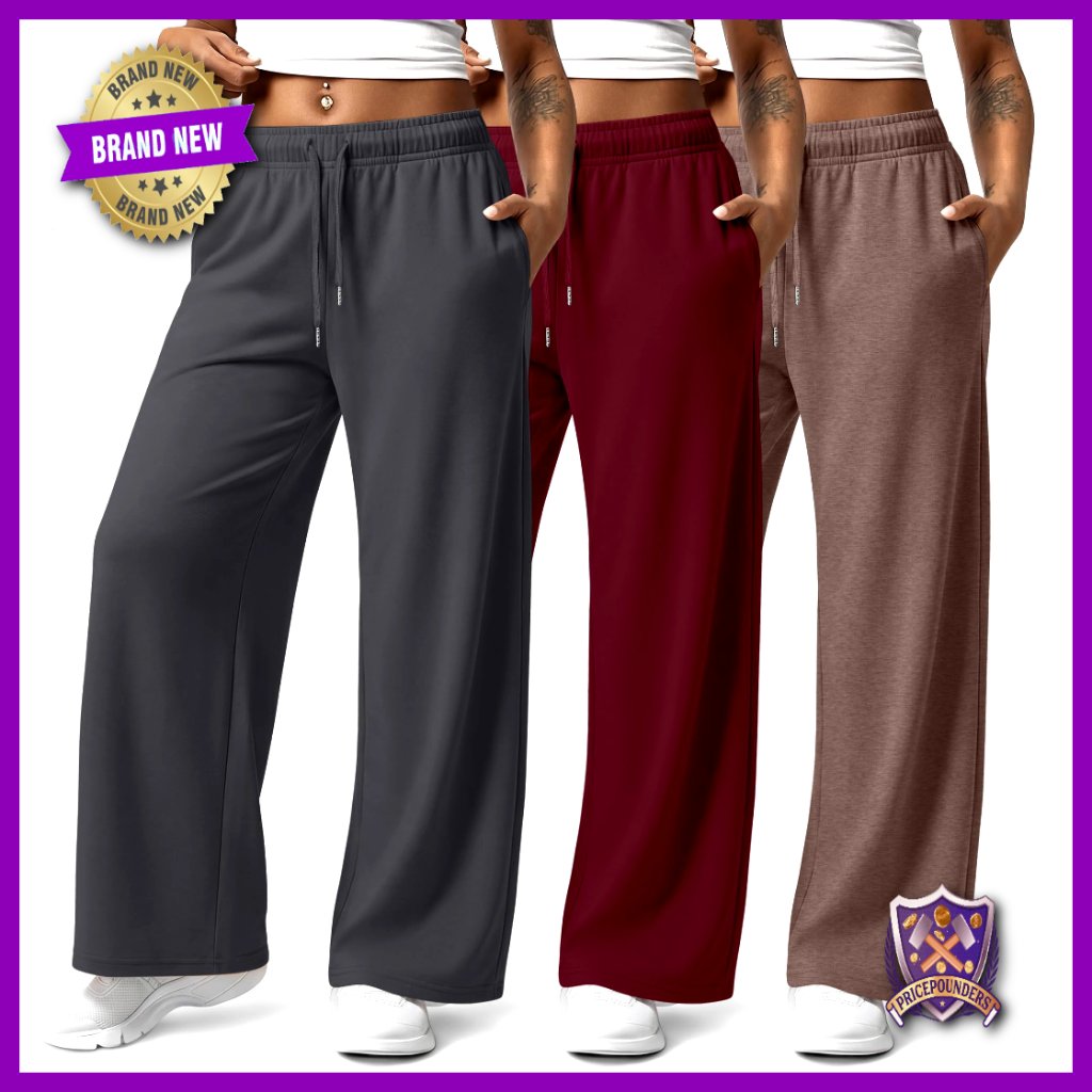 Plus Size Straight Leg Lounge Pants With Pockets Elastic Waist 3 Pack